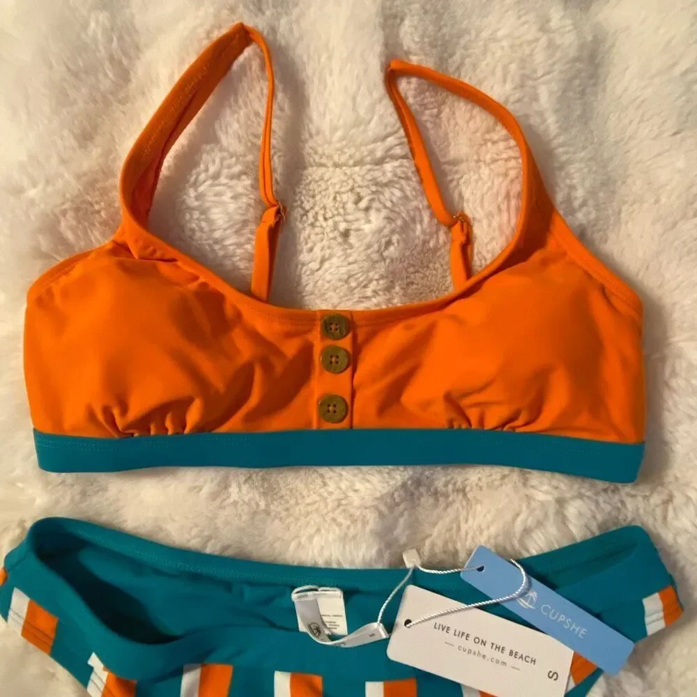 Cupshe Orange and Teal Striped Two-Piece Bikini Sz Small